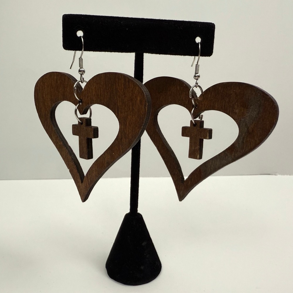 Earrings Wooden Heart Cross Dangle Drop Religious Fashion Jewelry 3 in H